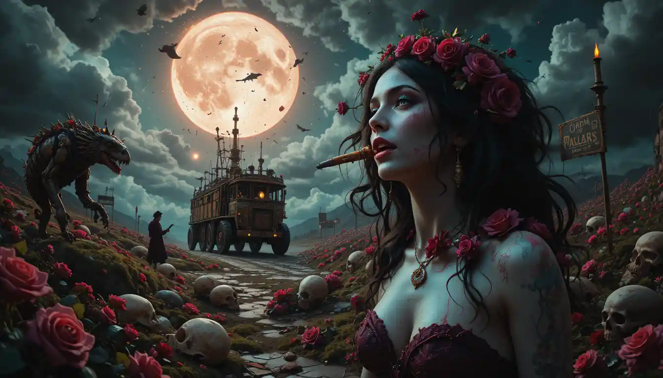 Ethereal figure under a surreal night sky of eyes
