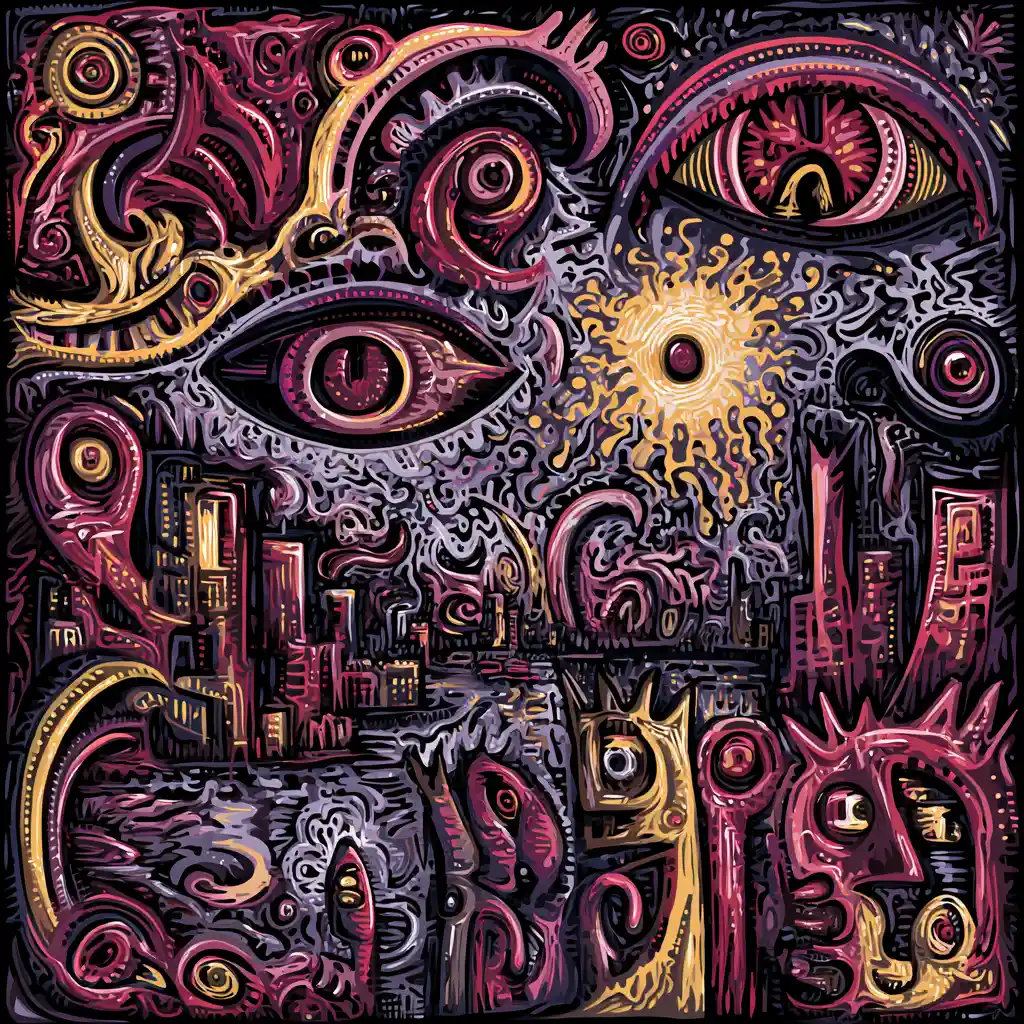 Mysterious figures gather in a labyrinthine alien chamber
