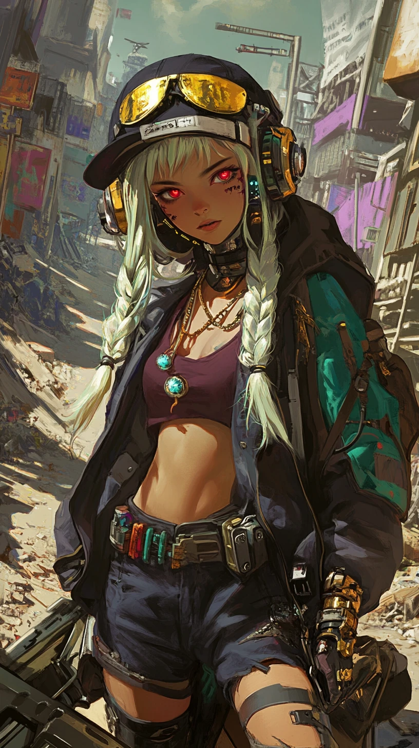 騎著賽博龐克機車穿梭廢墟的動漫少女