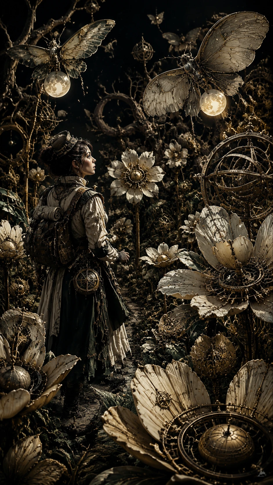 Tiny female explorer in a vast nocturnal clockwork garden