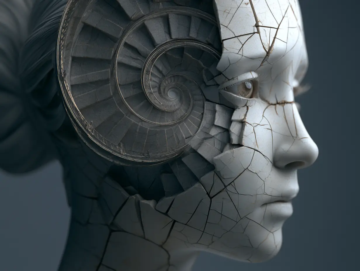 破裂瓷器面女子的超現實 3D 肖像