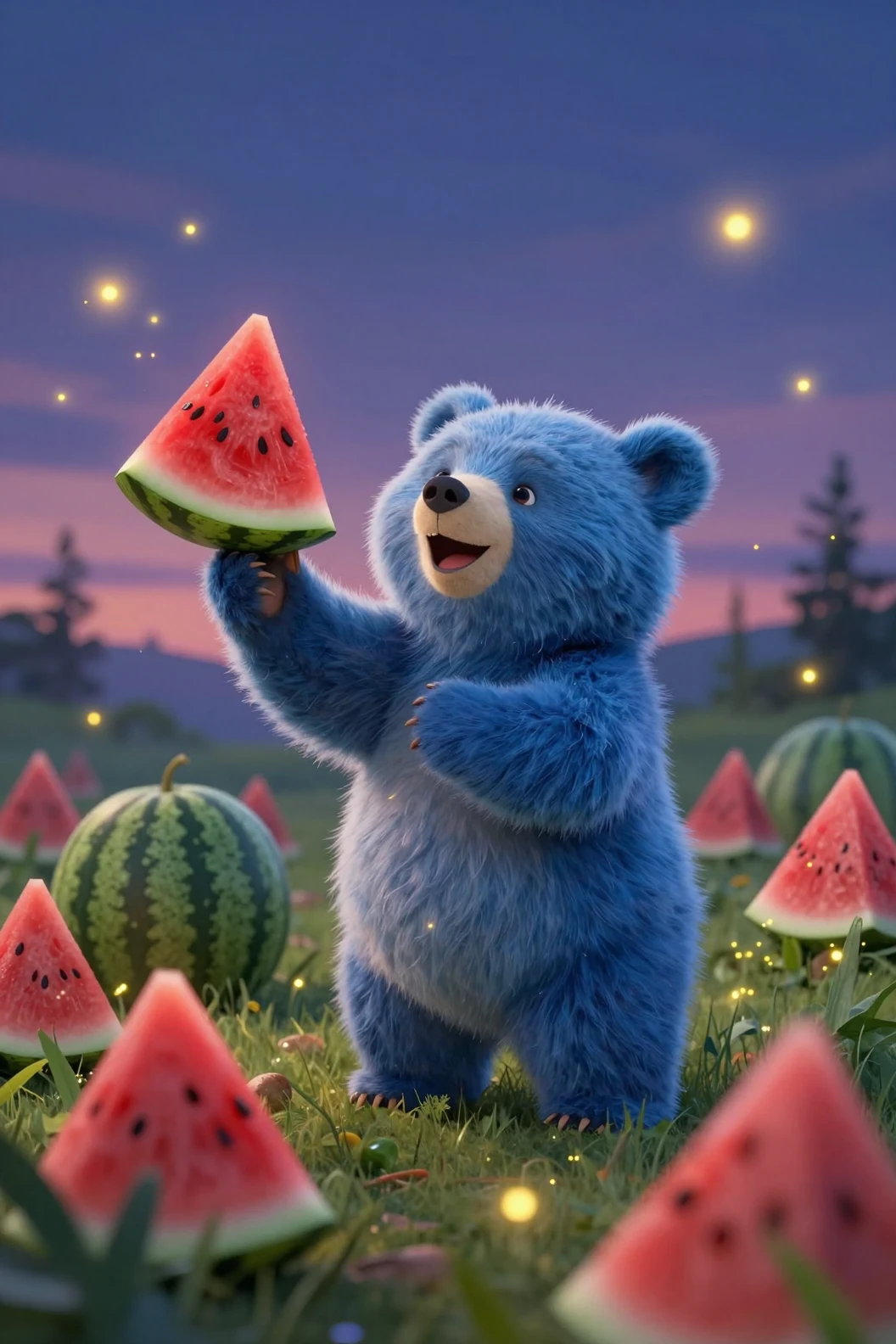 Joyful blue baby bear in a glowing watermelon patch