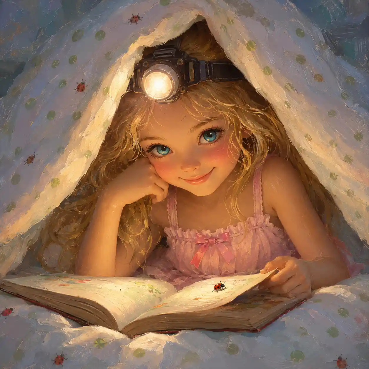 Niña leyendo bajo las sábanas con una linterna