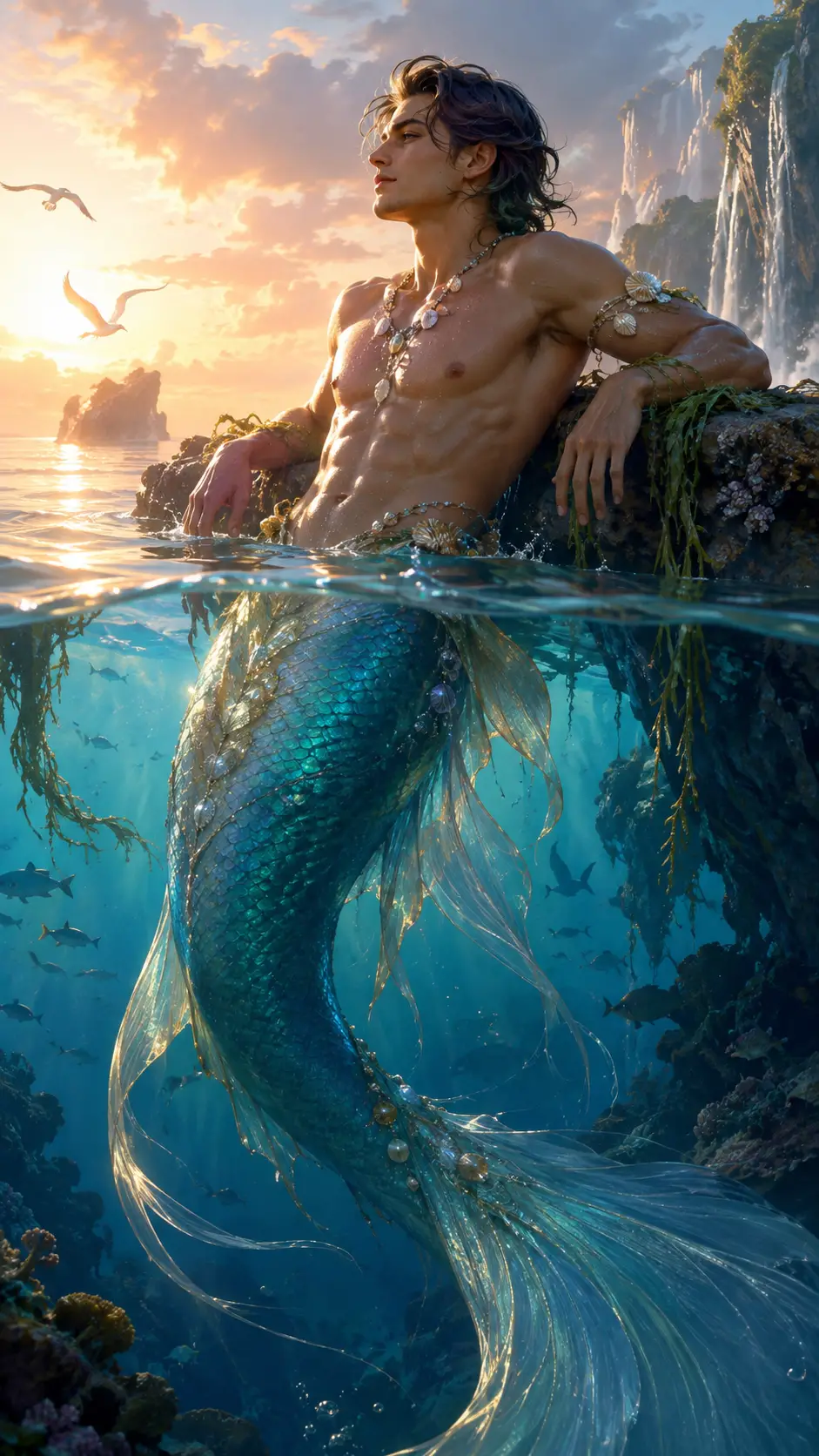 詩意海底人魚的鮮豔數位插畫