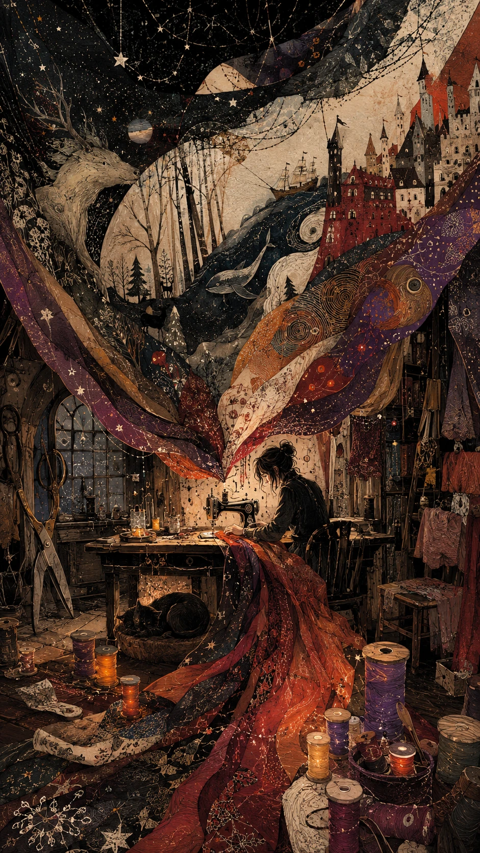 Mysterious tailor sewing dreams in a tiny crooked workshop