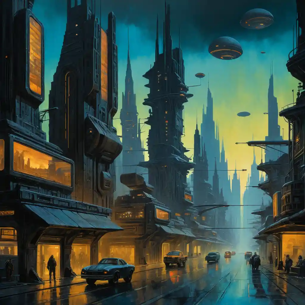 Metropoli Futuristica Cupa in Olio al Tramonto