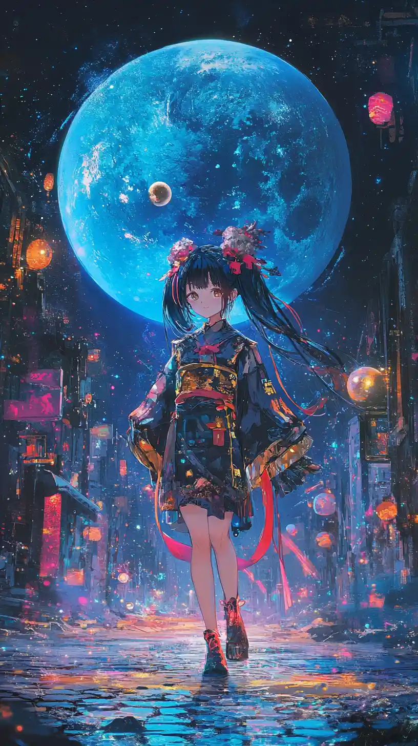 Chica de anime flotando en el espacio cerca de un colorido planeta con anillos