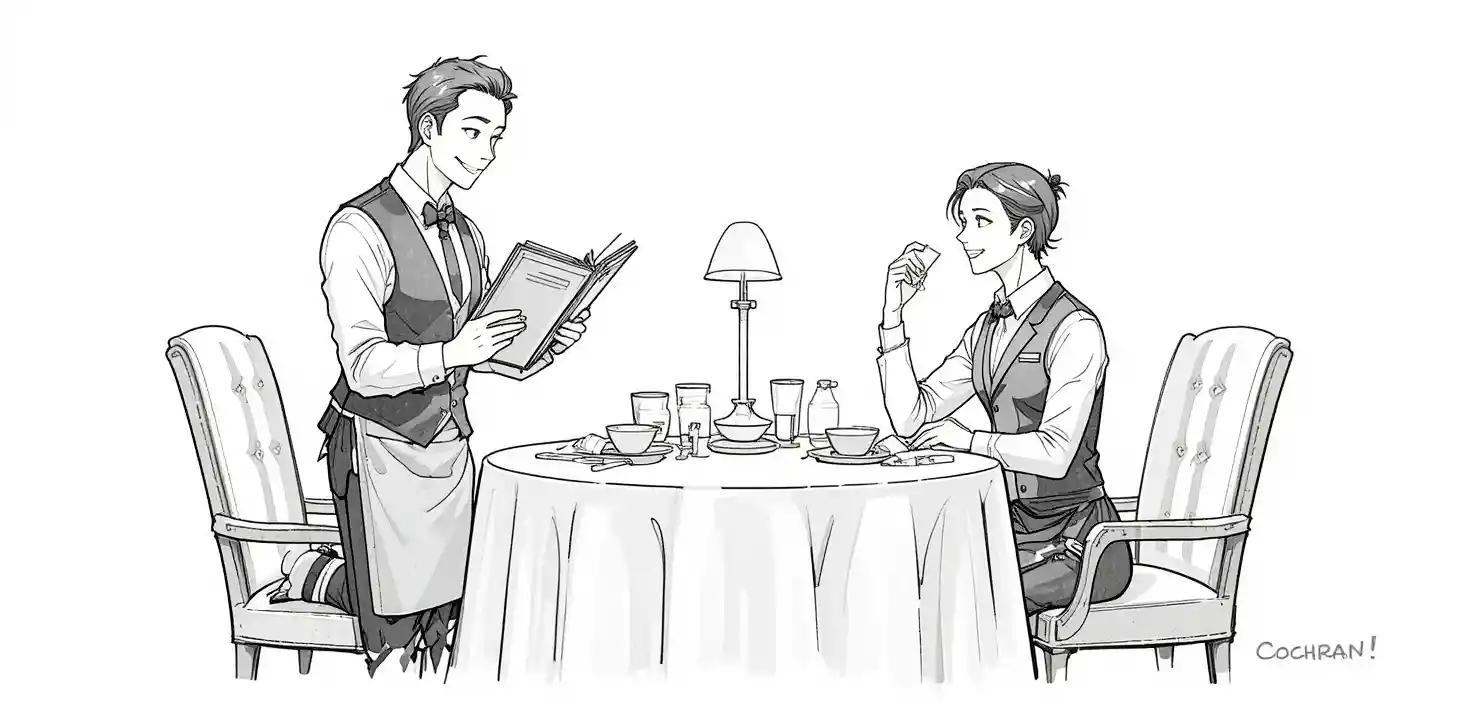 Cheerful waiter taking an order in a cozy restaurant cartoon