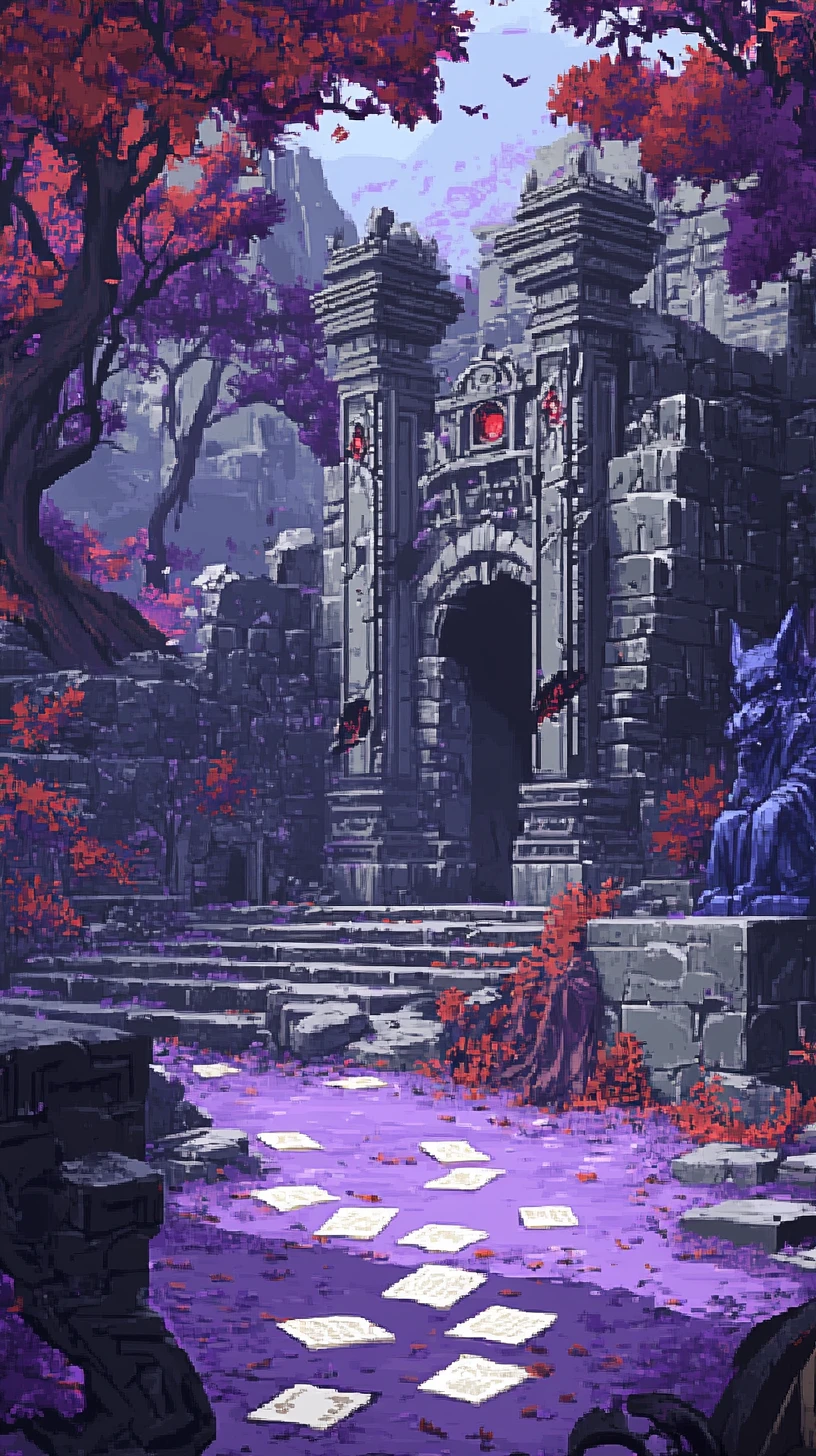 Purple pixel world with warrior woman among eerie trees