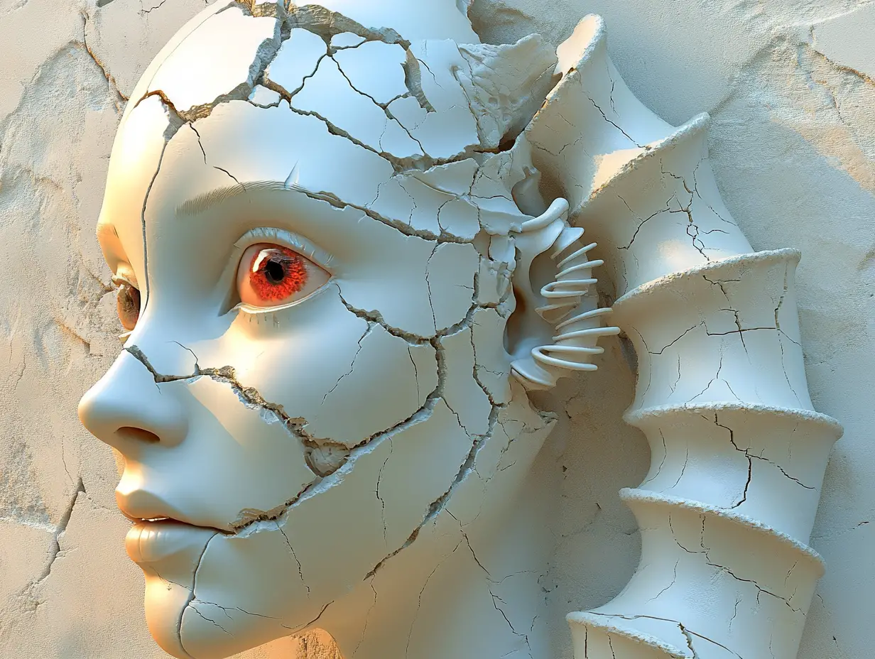 破裂瓷器女子臉龐的超現實 3D 肖像