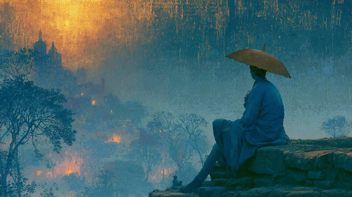 Surreal tapestry heartscape in rich indigo and golden hues