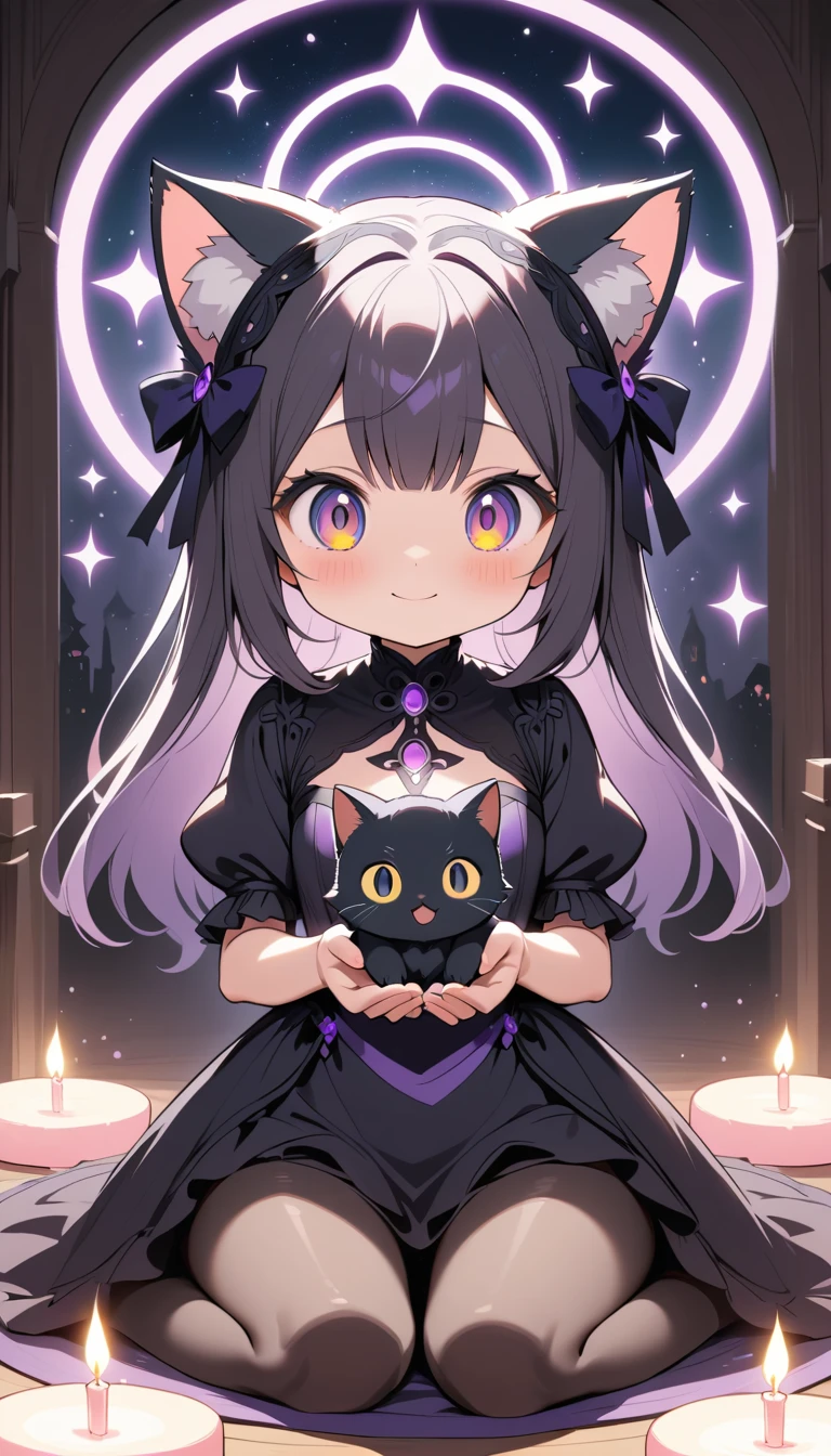Linda sacerdotisa oscura invocando a un diminuto gatito negro