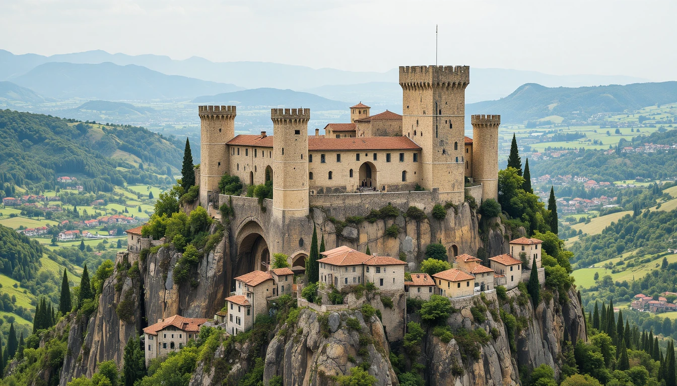 Medieval stone castle rising above a hillside village