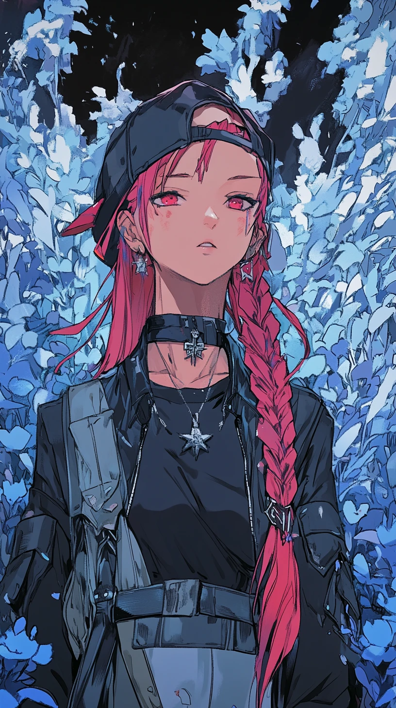 Ragazza anime con capelli rosa in elaborato outfit fantasy