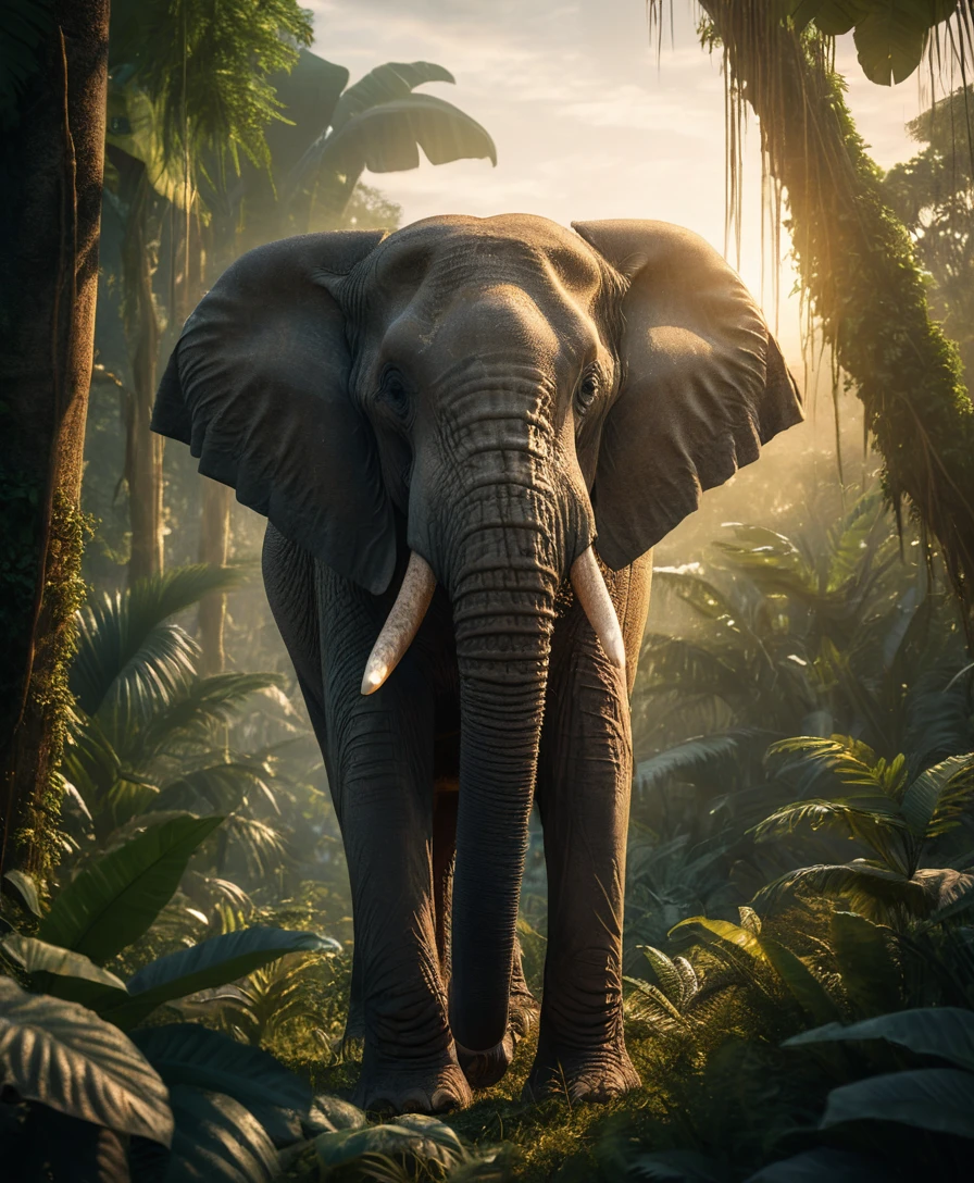 Majestätischer Elefant im üppigen Dschungel zur Goldenen Stunde
