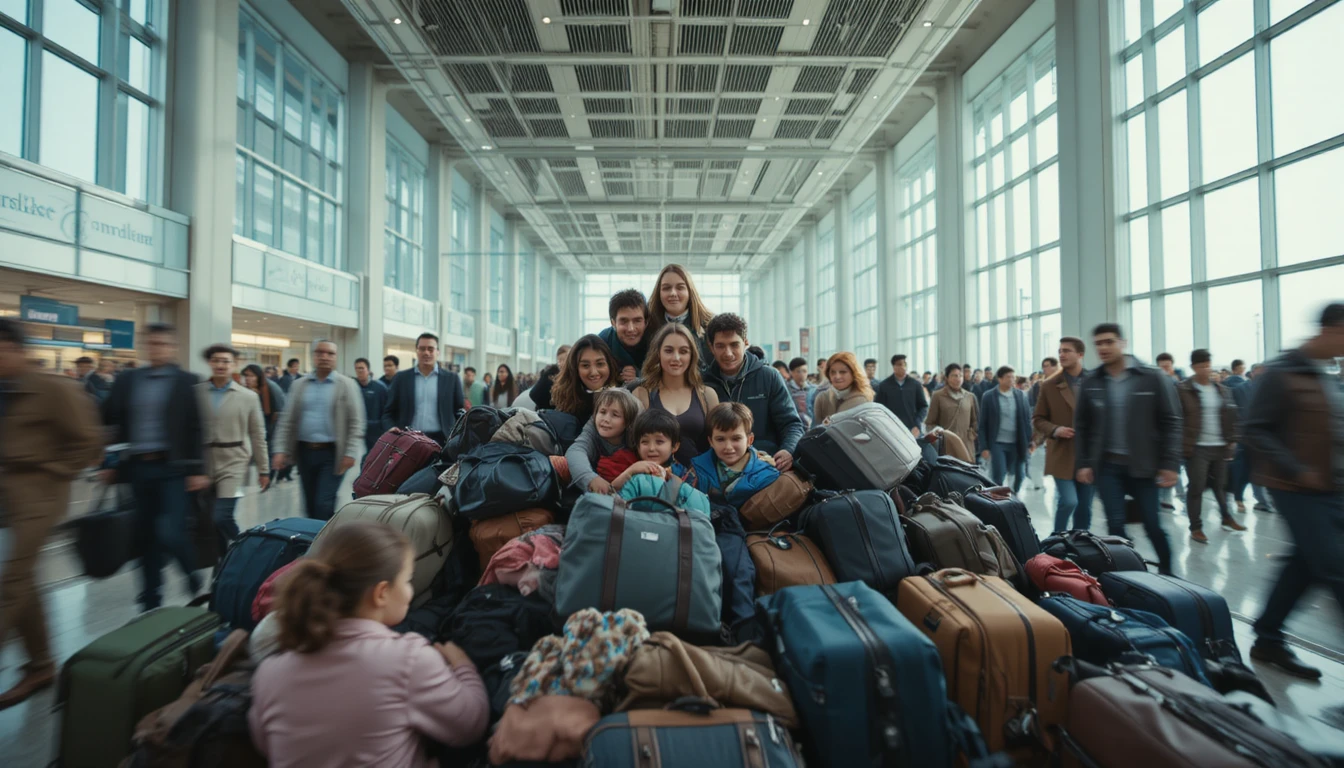 Stressed mother with children in crowded airport terminal