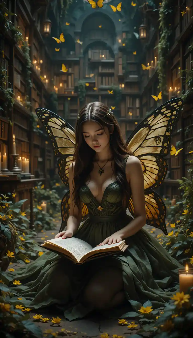 Mädchen mit Schmetterlingsflügeln liest ein Grimoire in dunkler Bibliothek