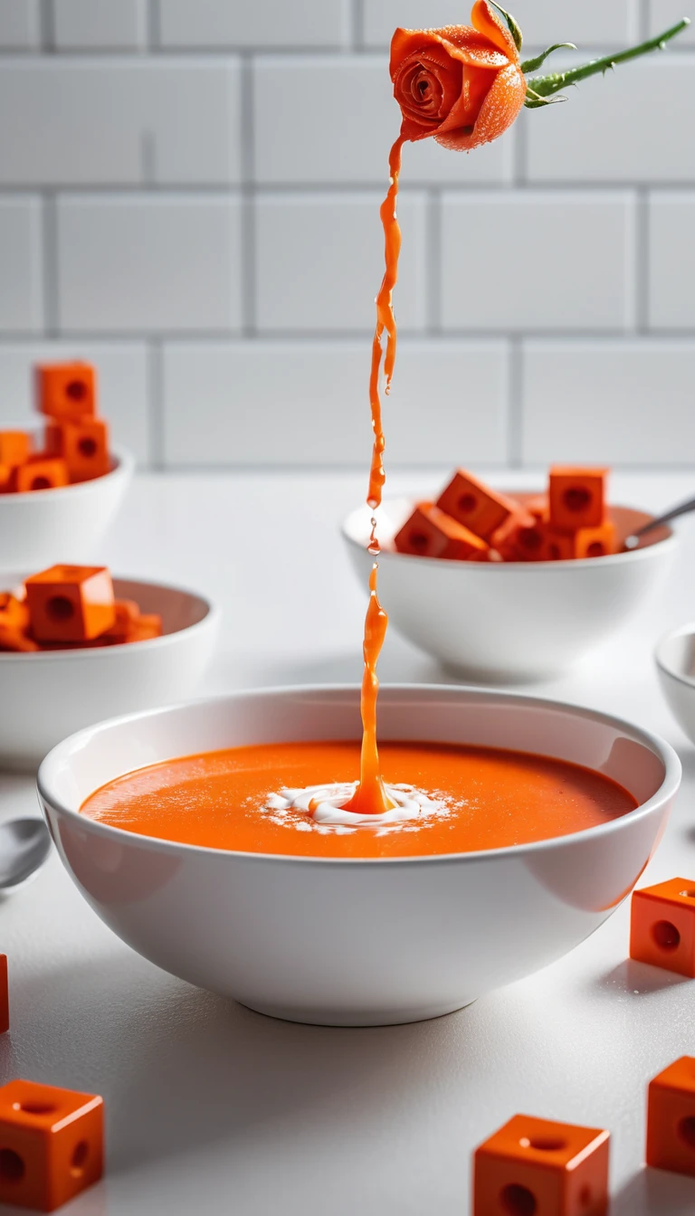 Tomato soup splash transforming into plastic brick rose