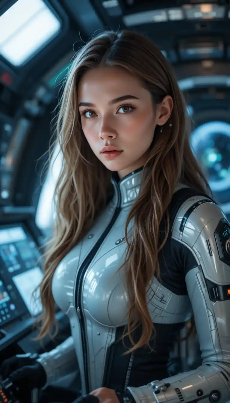 在未來感駕駛艙中駕駛太空船的堅定女性