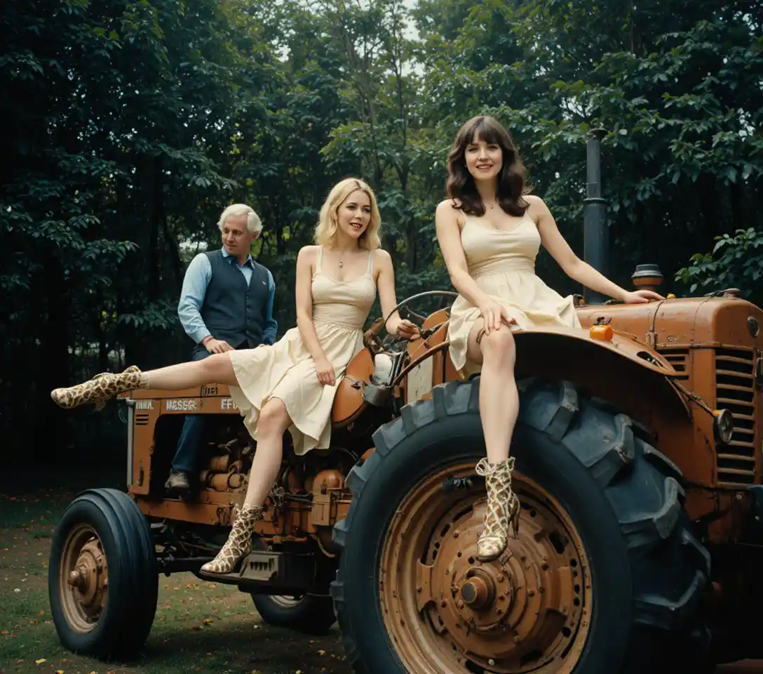 Playful friends riding a vintage tractor in the countryside
