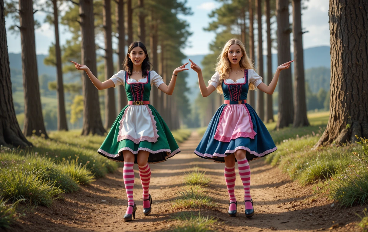 Zwei junge Frauen tanzen im Dirndl auf einem Waldweg
