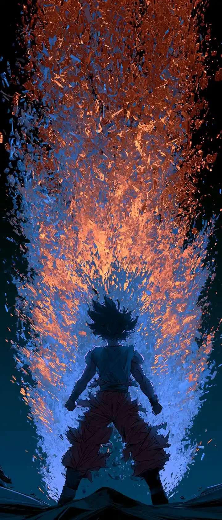 Artiste martial d’anime en pleine montée de puissance dans une aura explosive de briques