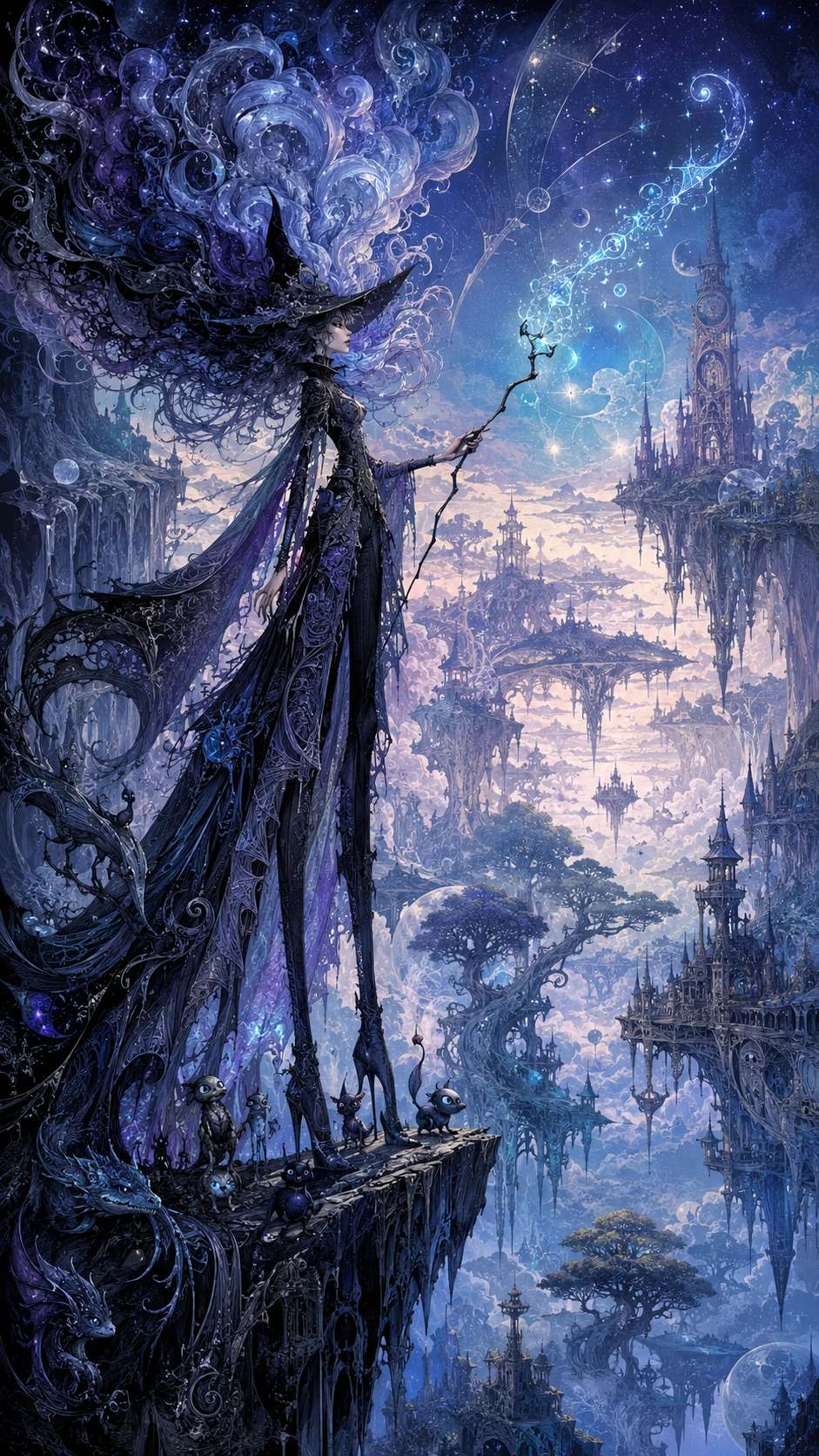Tall witch on surreal cliff above floating dreamlike world