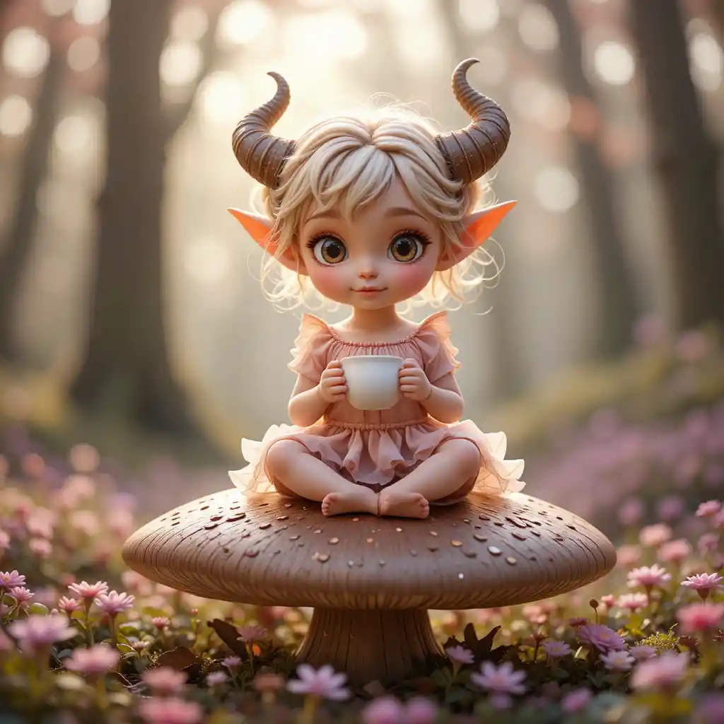 Adorable bébé faune sirotant du thé sur un champignon de la forêt