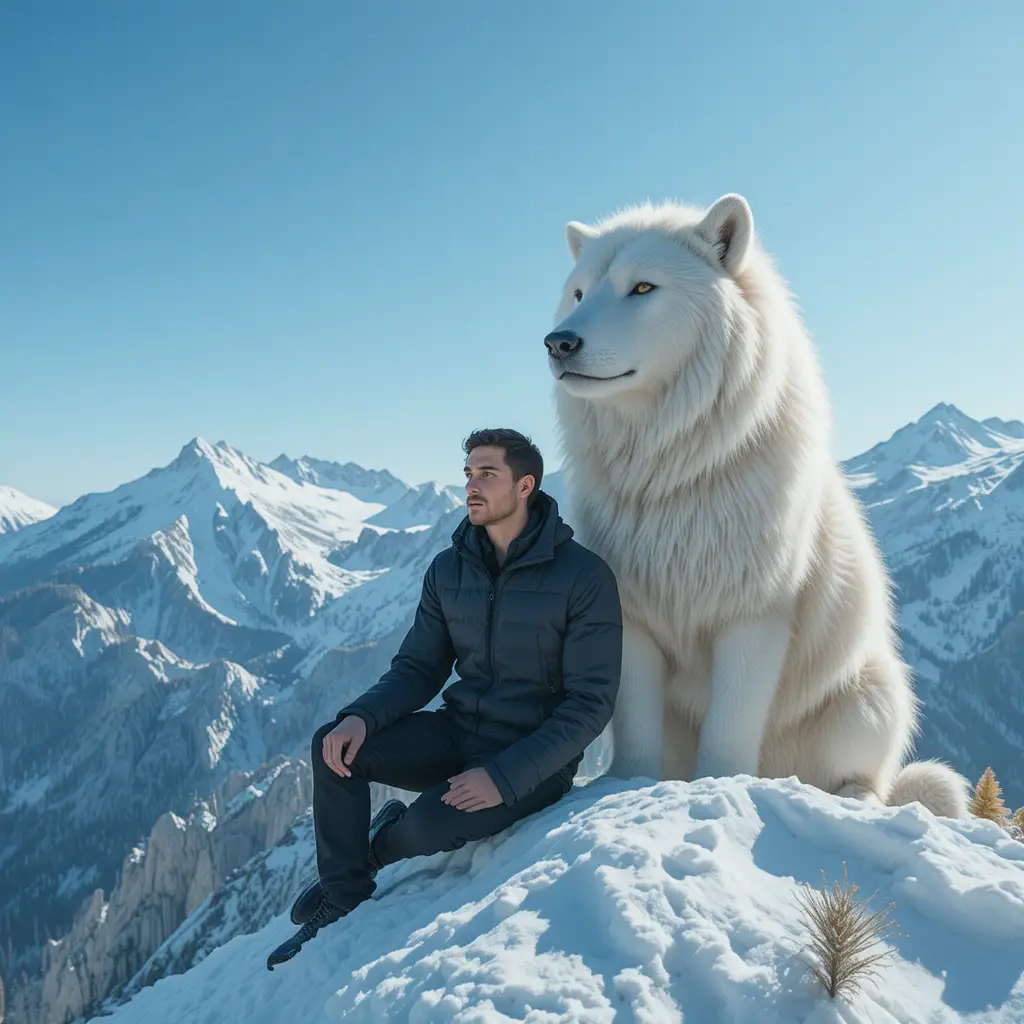 Man sitting with white wolf on snowy mountain ridge