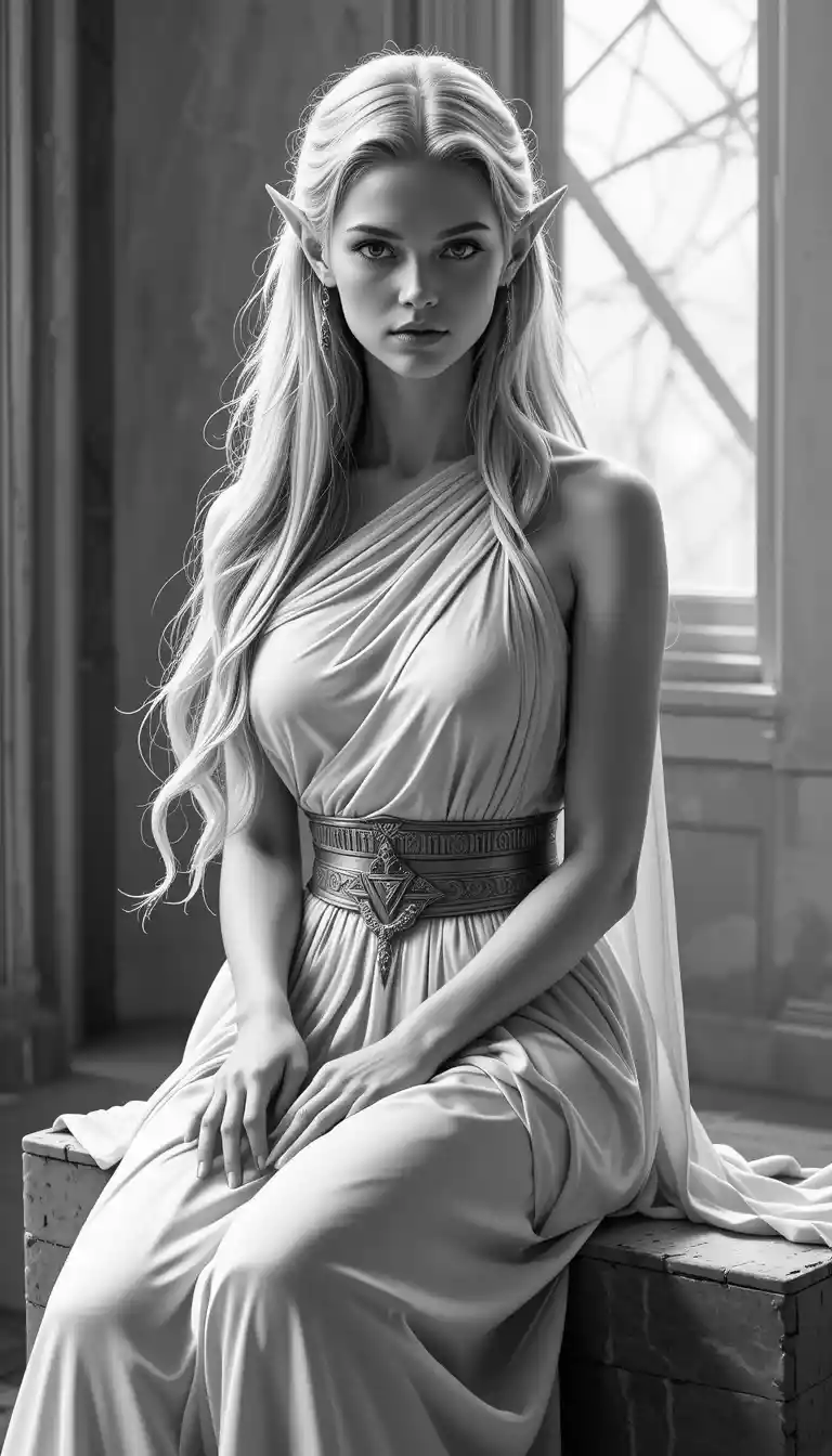 Elfe sereine assise dans une robe blanche fluide