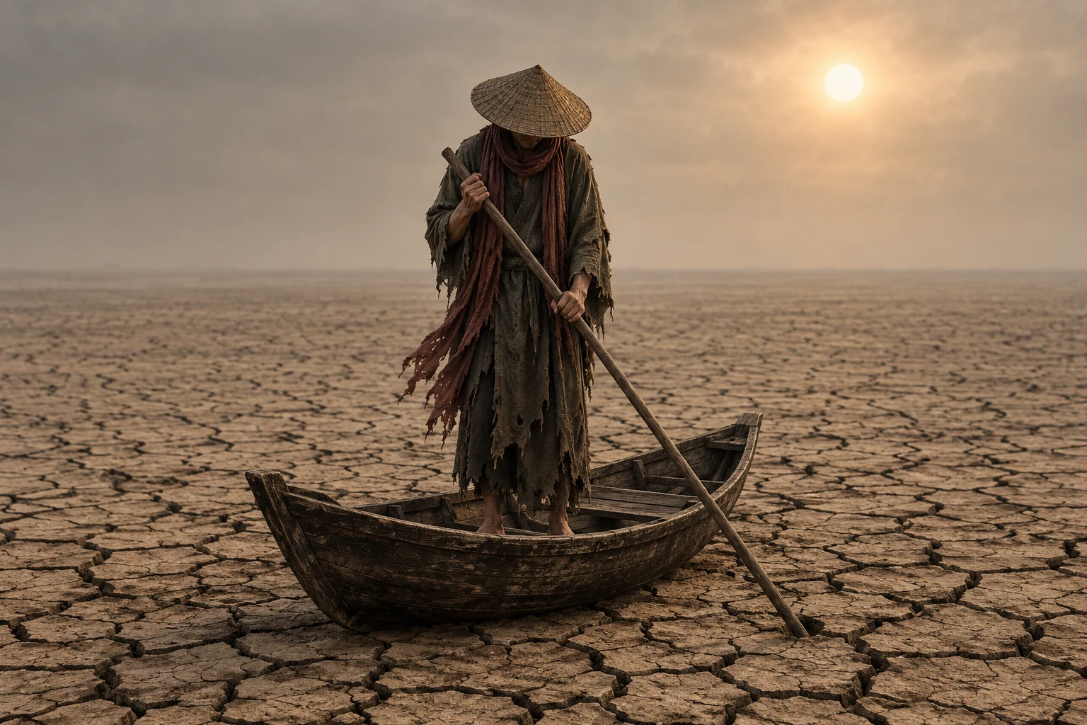 木船上的男子擱淺在龜裂的沙漠大地上