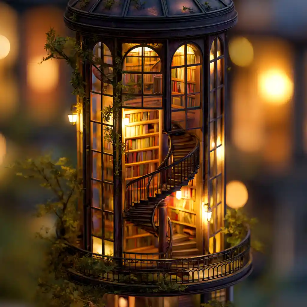Towering lantern library with glowing spiral staircases