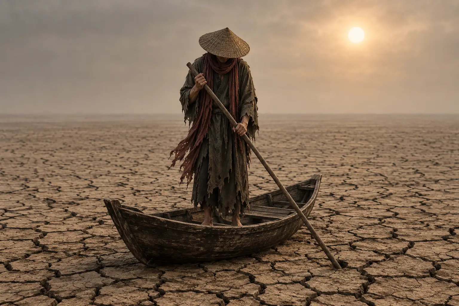 木船上的男子擱淺在龜裂的沙漠大地上