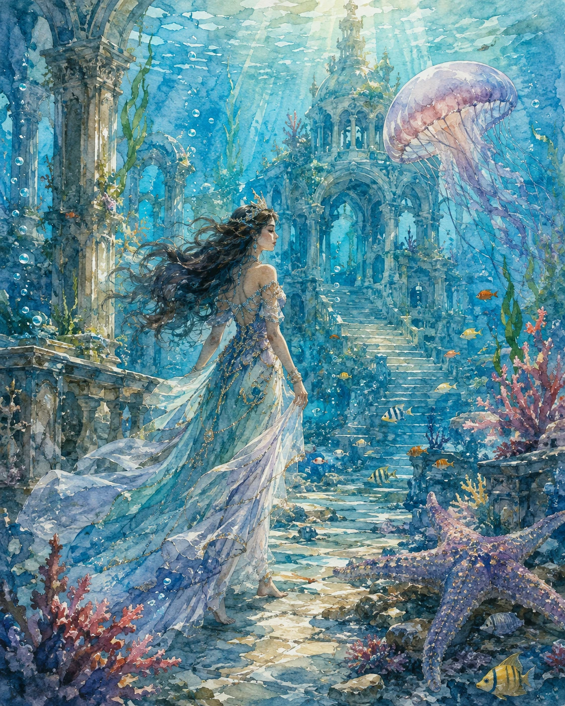 Underwater princess walking through decaying ocean palace ruins
