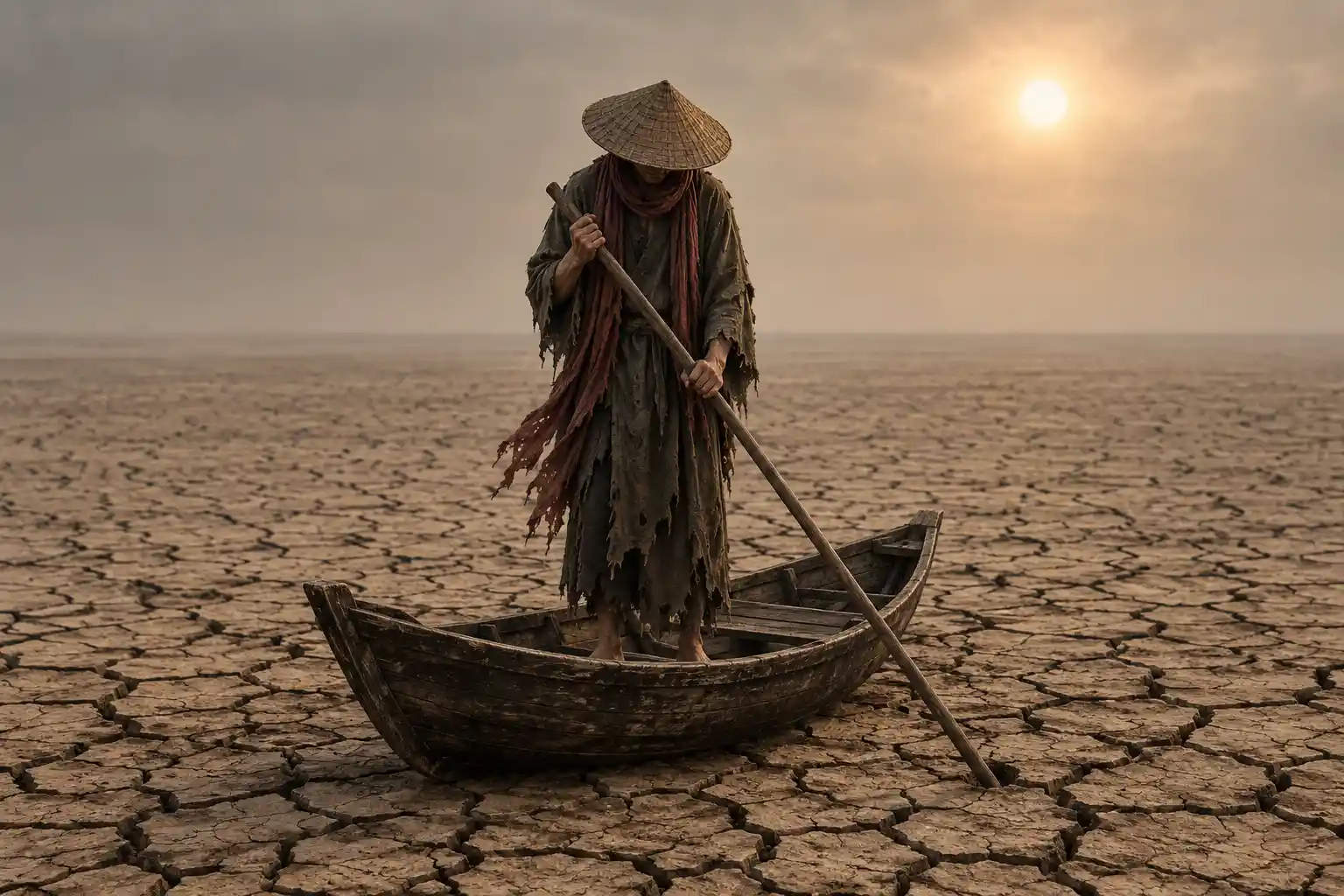 木船上的男子擱淺在龜裂的沙漠大地上