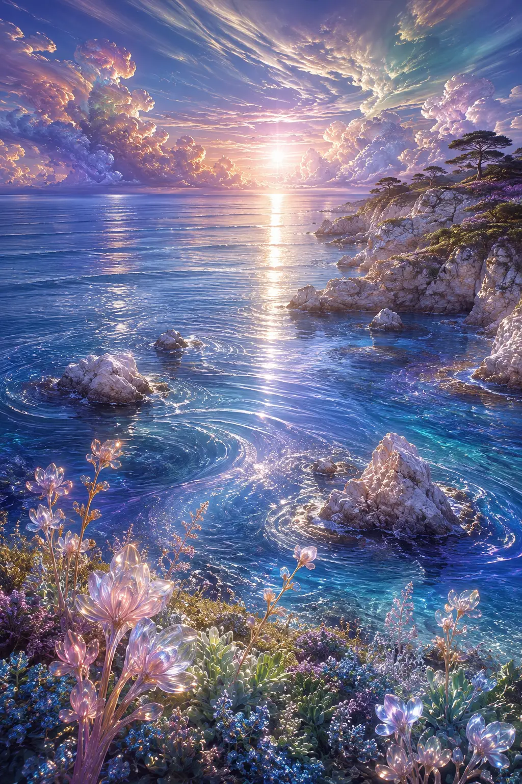 銀色夕陽與寧靜蔚藍海洋的靜謐海岸景色