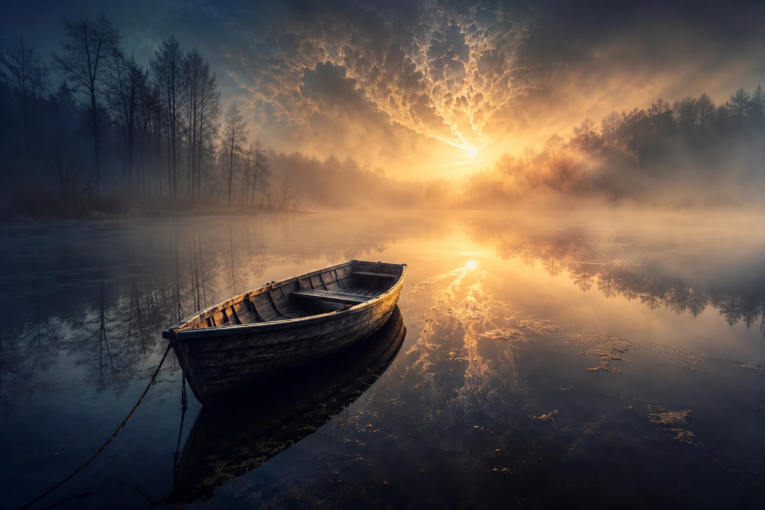 Bote de remos solitario en un lago brumoso al amanecer