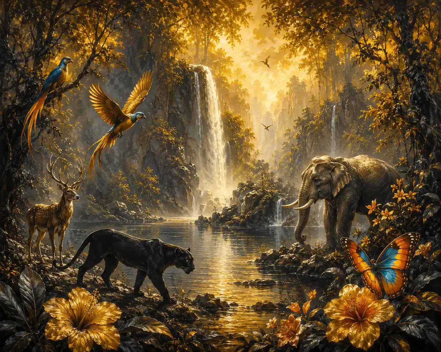 Mystical forest lake with waterfalls and wildlife