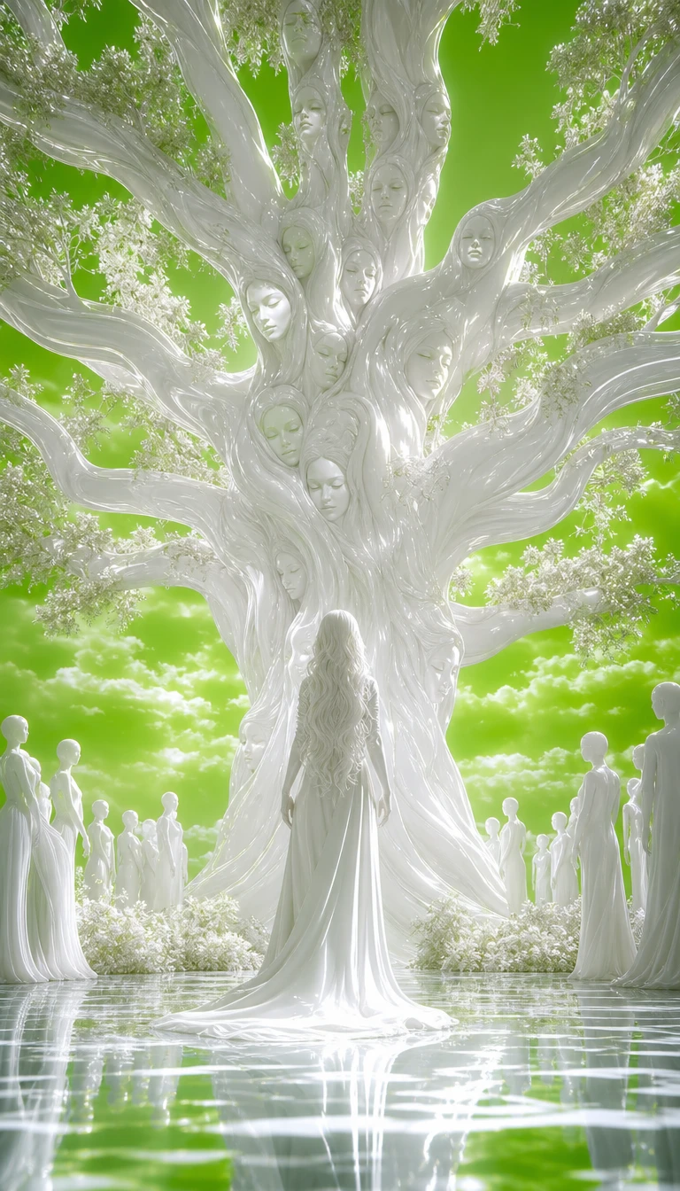White sculptural figure facing a colossal surreal tree