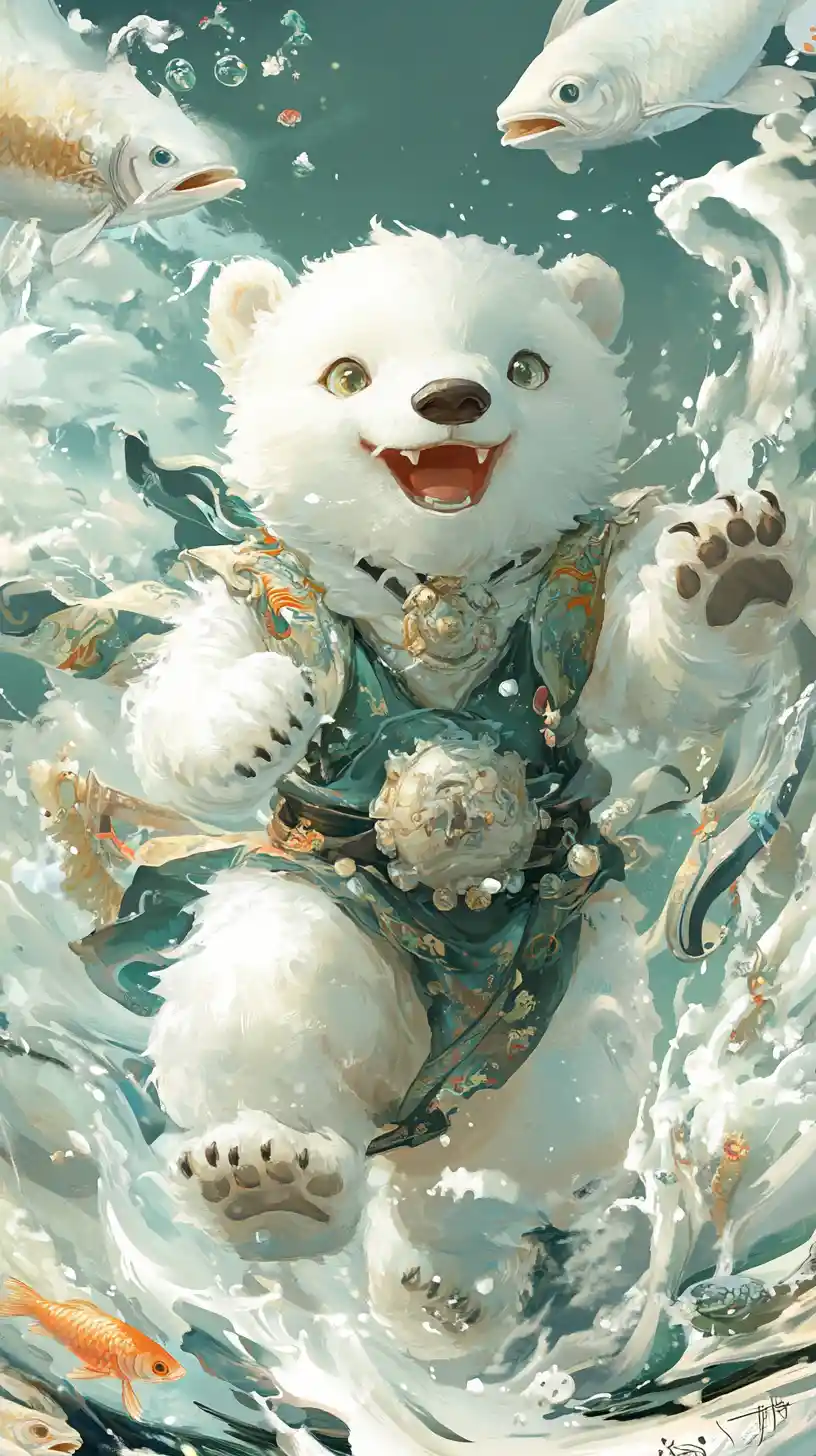 Cute baby polar bear in hanfu with magical fish runes