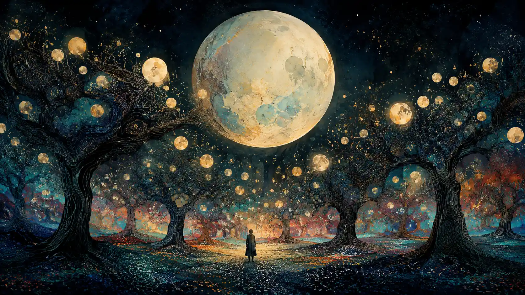 Surreal orchard under a gigantic moonlit sky