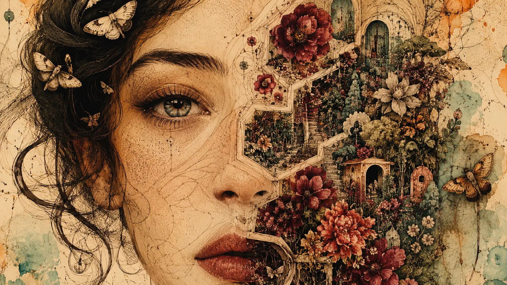 Surreal close up of a woman opening into a hidden garden