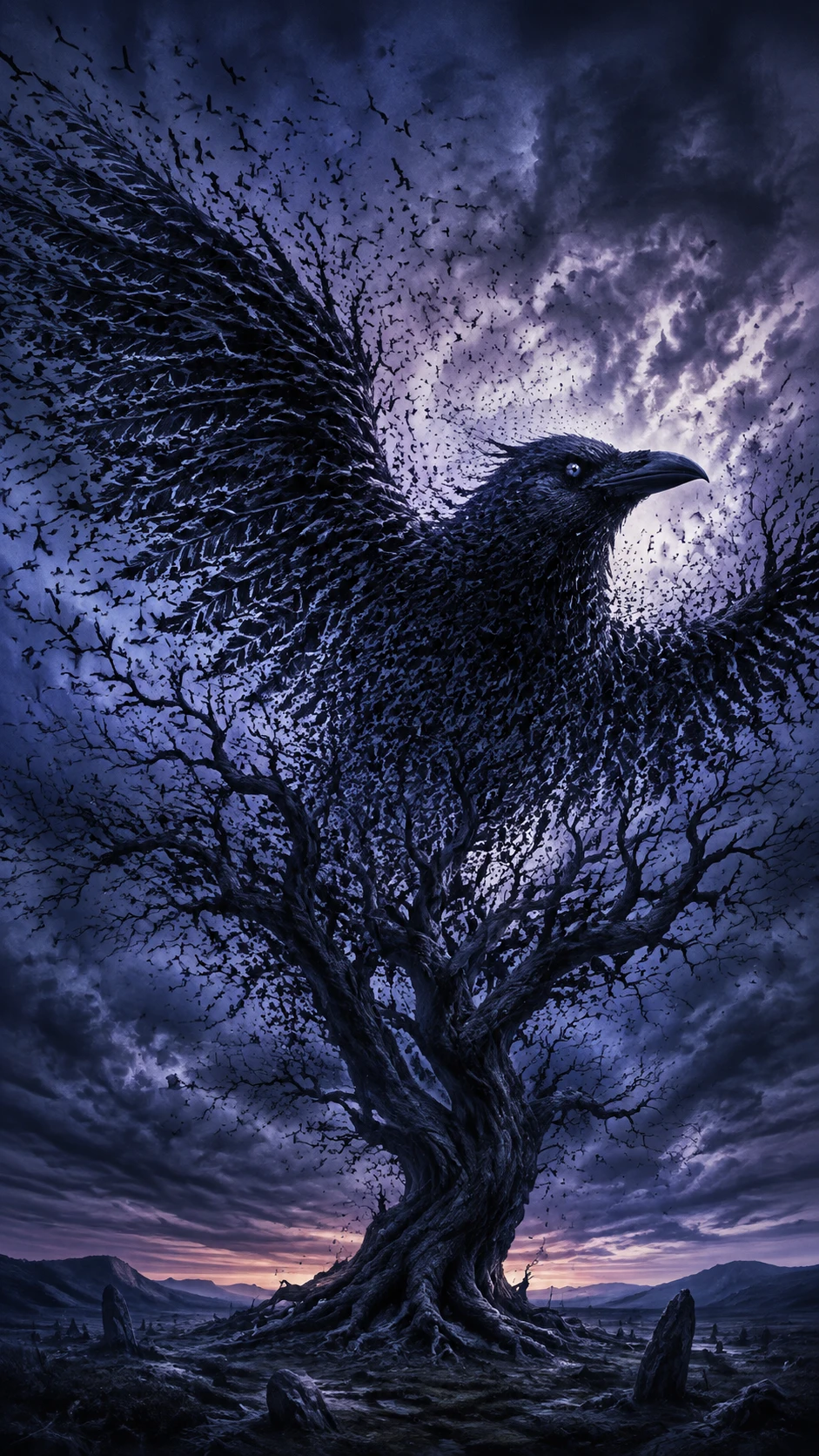Silhueta de Árvore Ancestral em Forma de Corvo ao Crepúsculo
