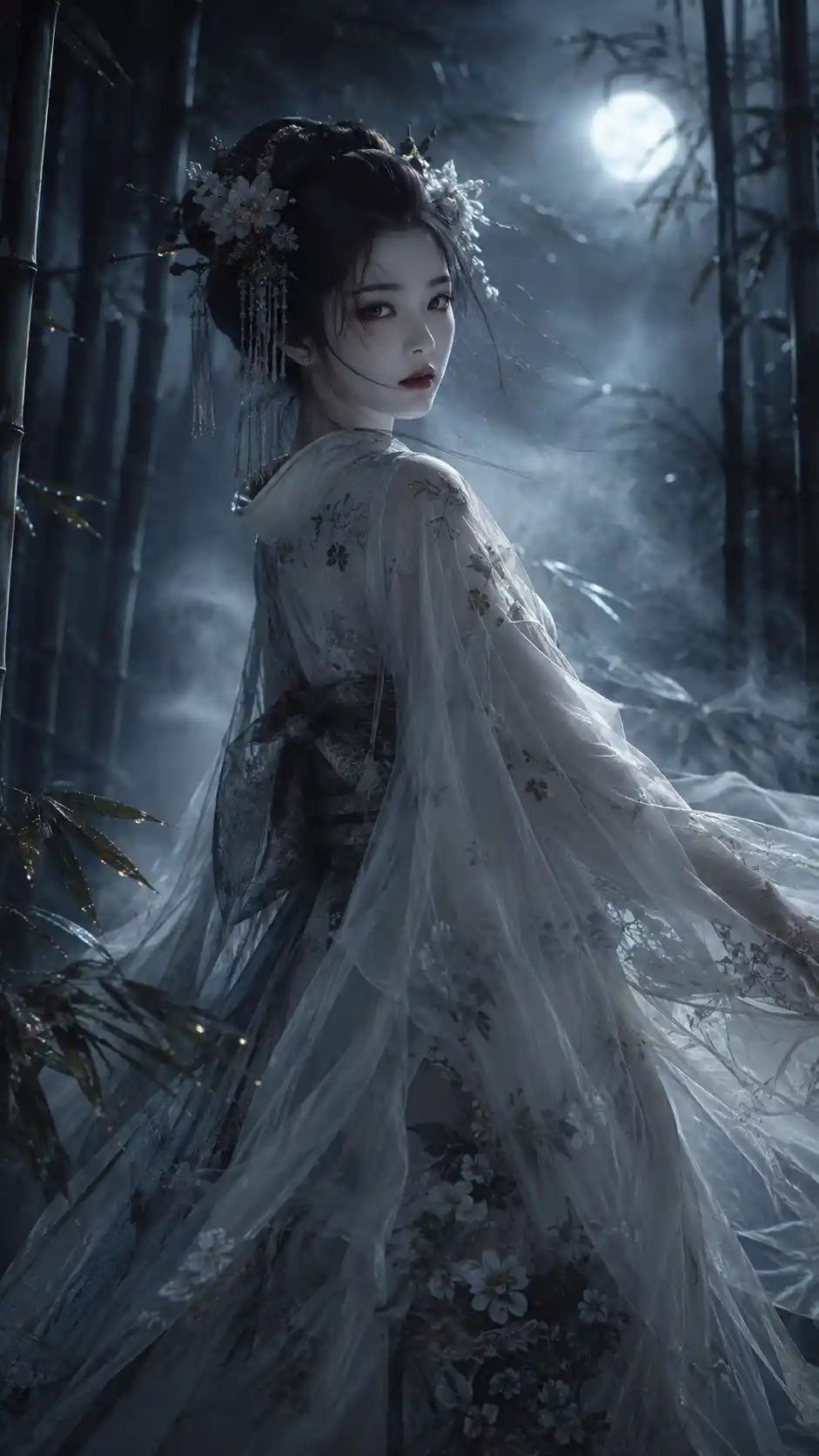 Geisha éthérée dérivant dans un bosquet de bambous brumeux au clair de lune