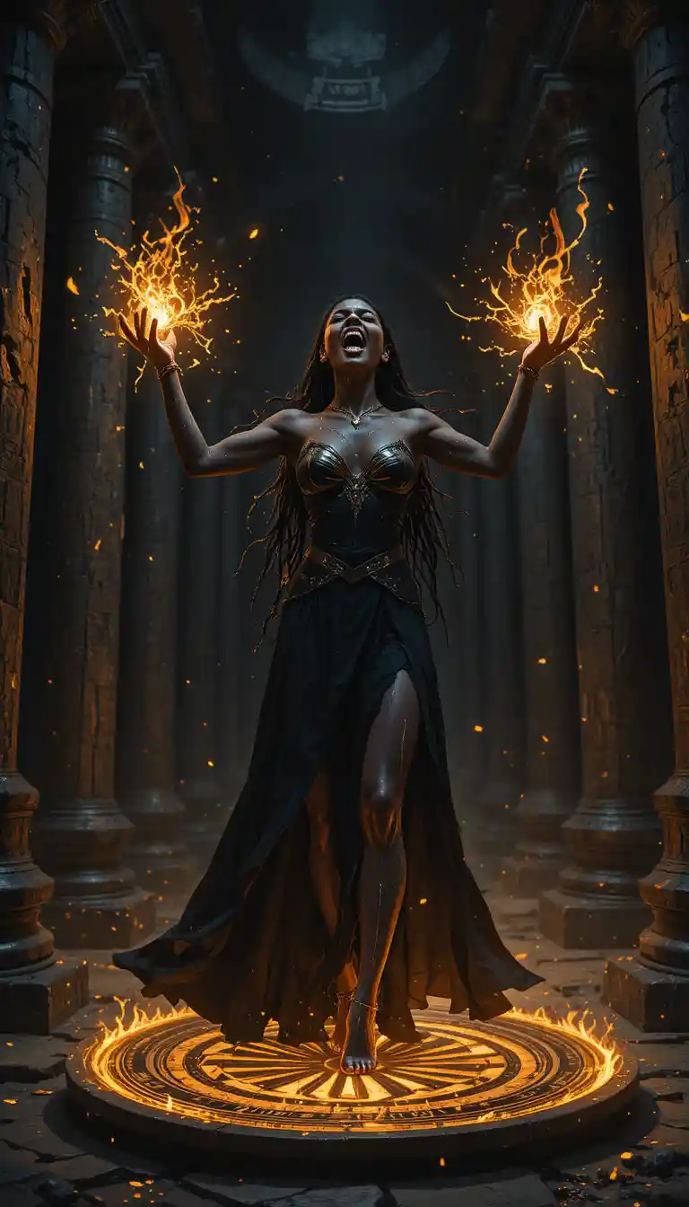 Dark sorceress unleashing golden magic in ancient temple