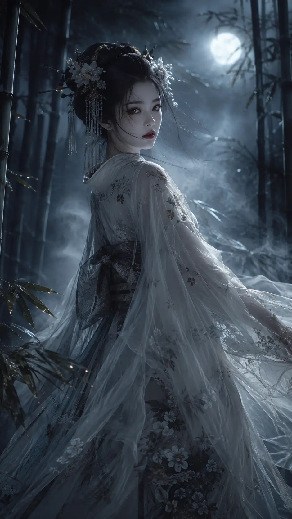 Ethereal geisha drifting through a misty moonlit bamboo grove