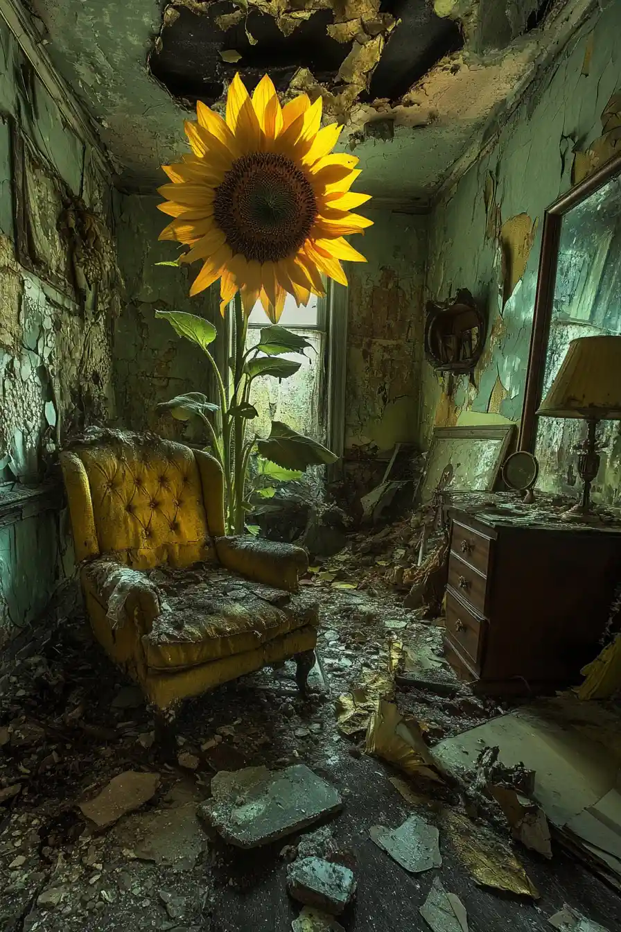 Girasole gigante luminoso in una stanza abbandonata e decadente