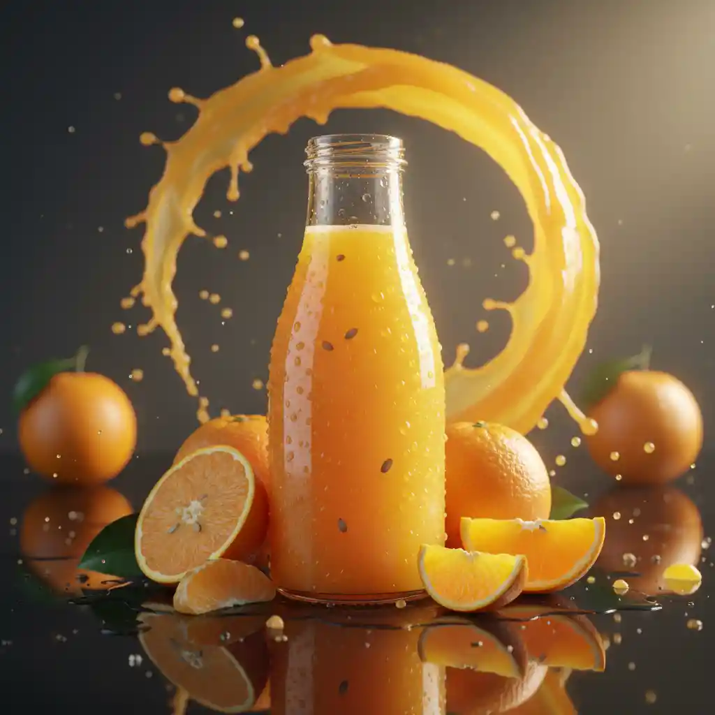 Bottiglia di succo d'arancia premium con arance fresche e schizzi