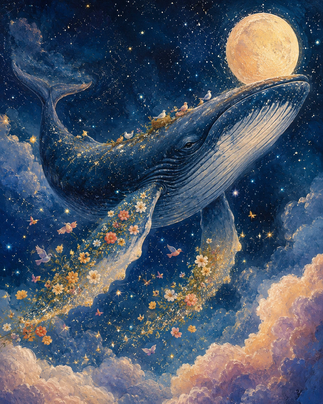 在繁星夜空中翱翔的壯麗鯨魚