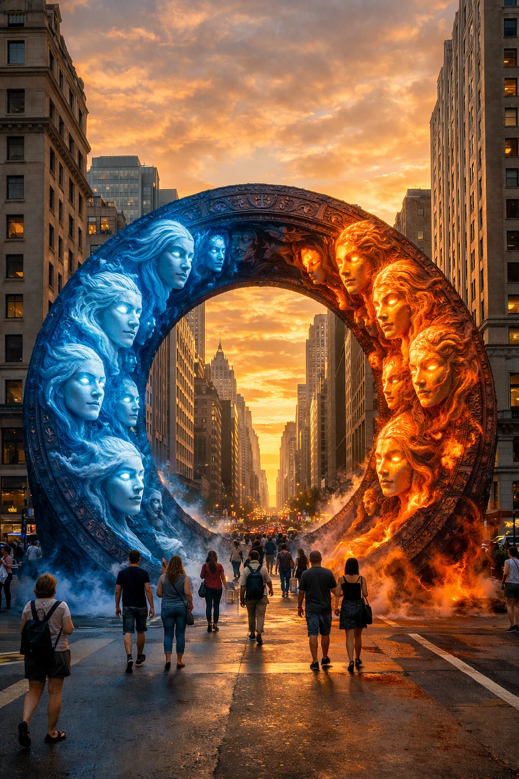 Escultura circular mística dominando uma rua urbana iluminada